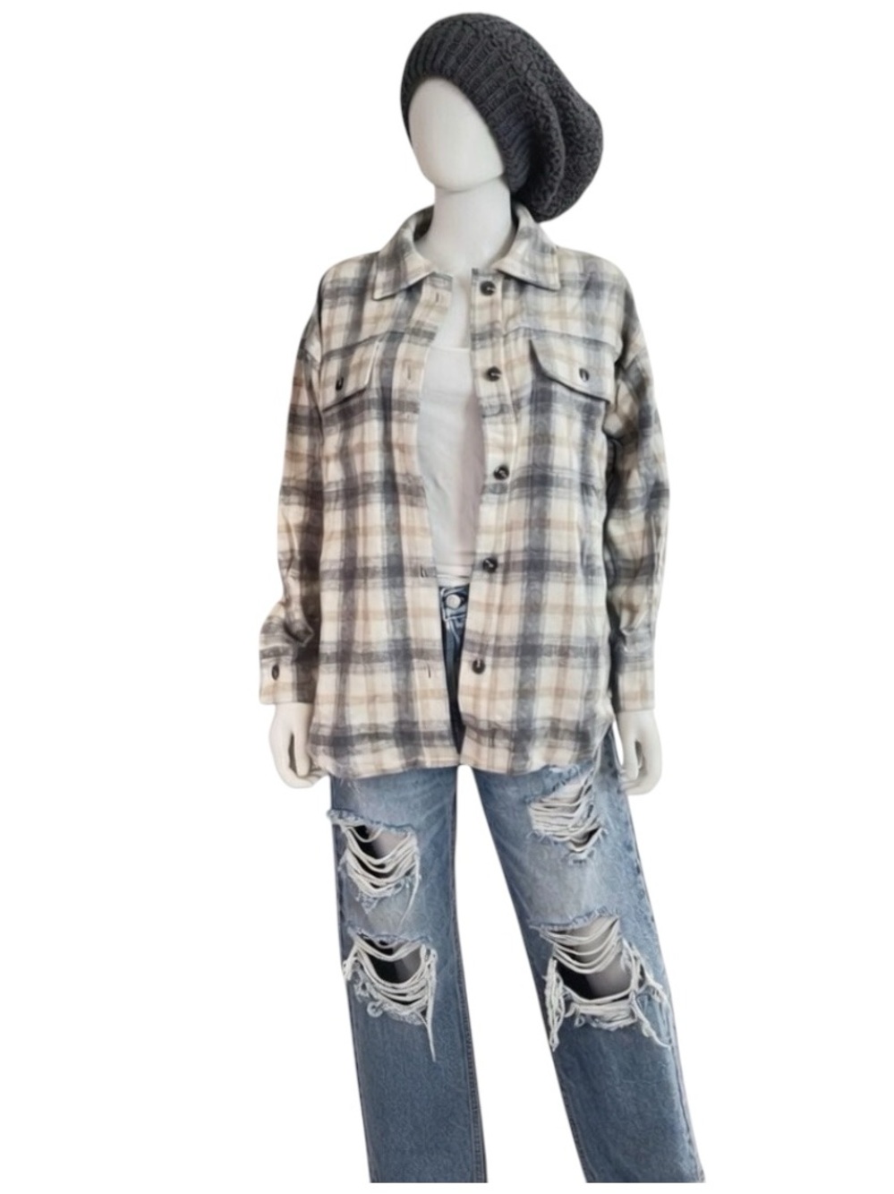 EIGHTY THREADS beige and grey brushed flannel XS S M L